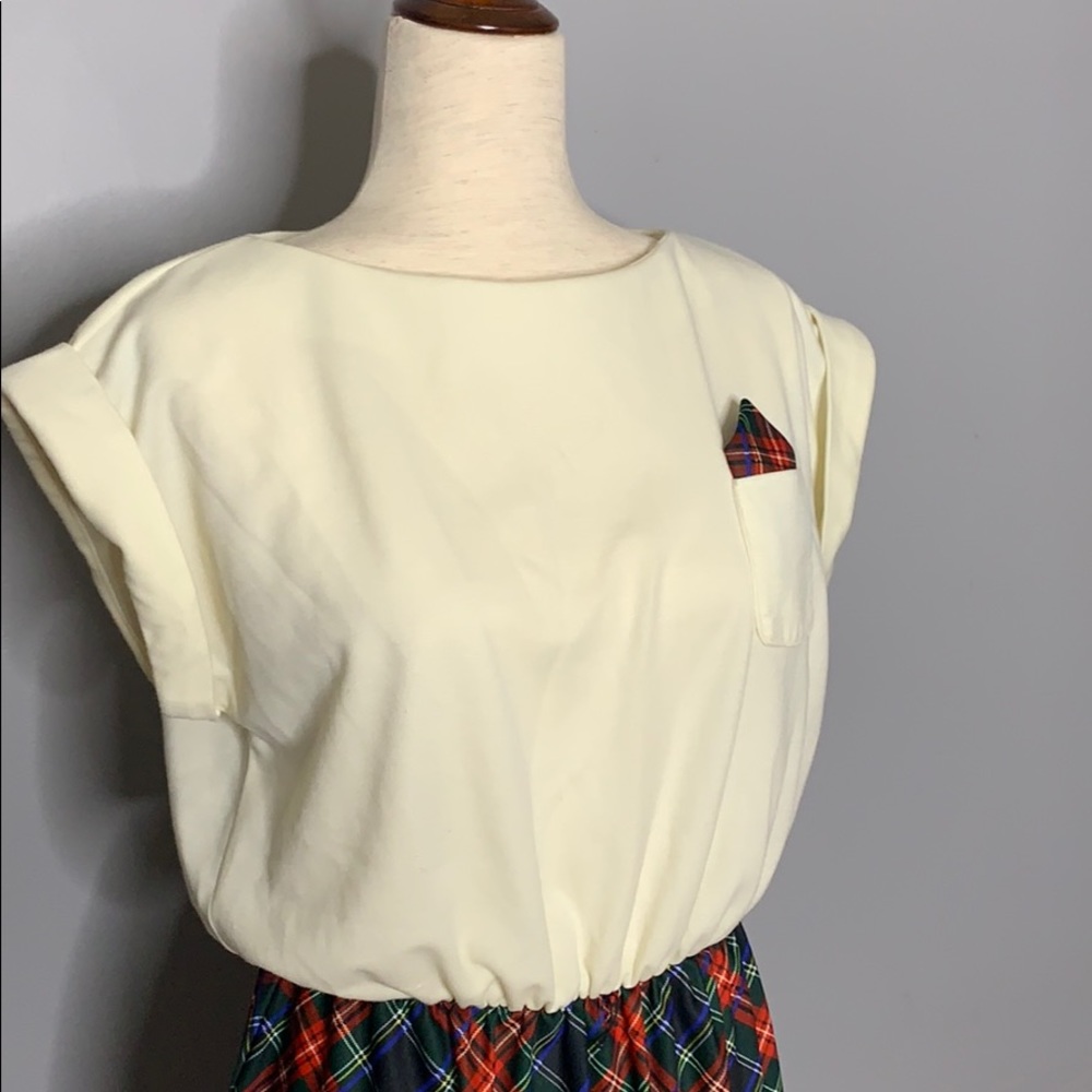 Vintage Beige and Tartan Plaid Cap Sleeve Dress M - Picture 3 of 10